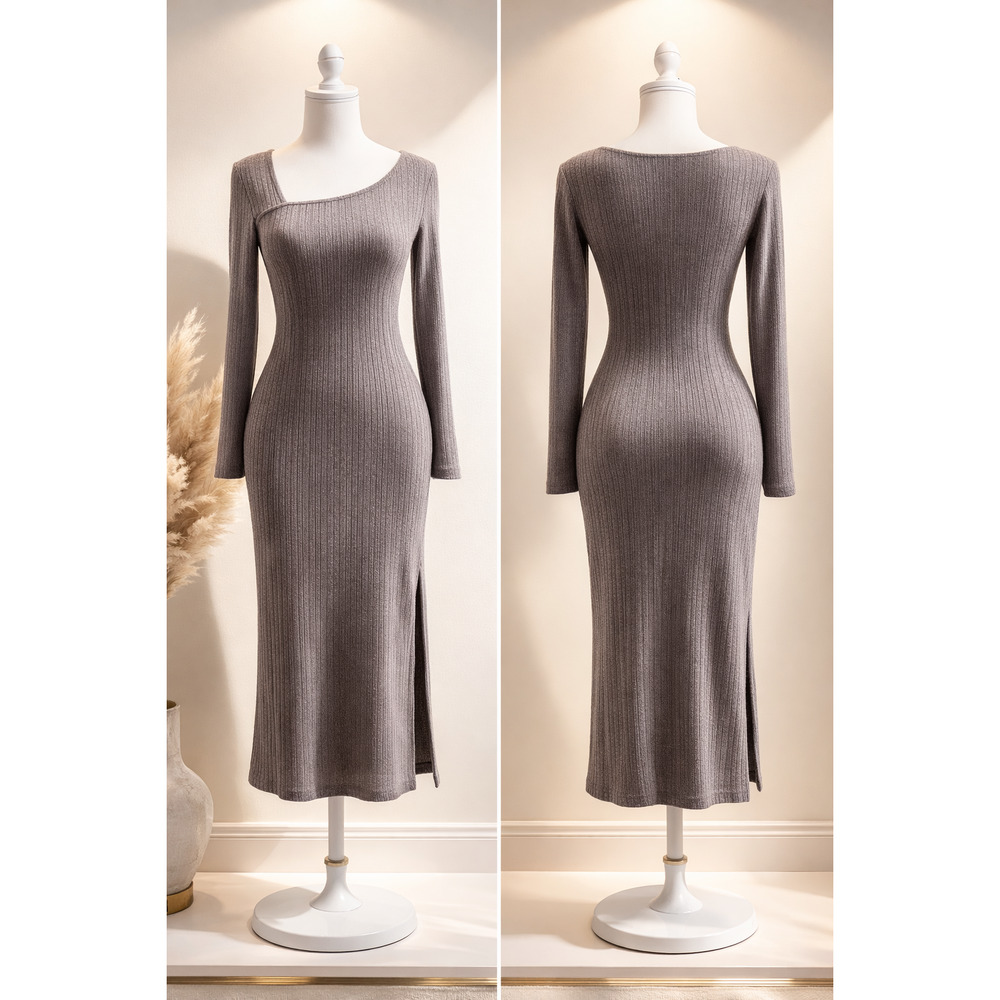 A New Day Ribbed Midi Dress XS Taupe Bodycon Minimalist Capsule Modern Classic